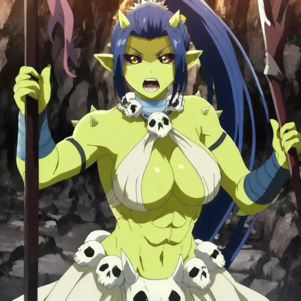 score_9, score_8_up, score_7_up,Gobuko,1girl,solo,long hair,breasts,open mouth,large breasts,holding,jewelry,blue hair,yellow eyes,ponytail,weapon,horns,teeth,pointy ears,necklace,colored skin,spikes,colored sclera,black sclera,green skin,
<lora:Gobuko:0.81>