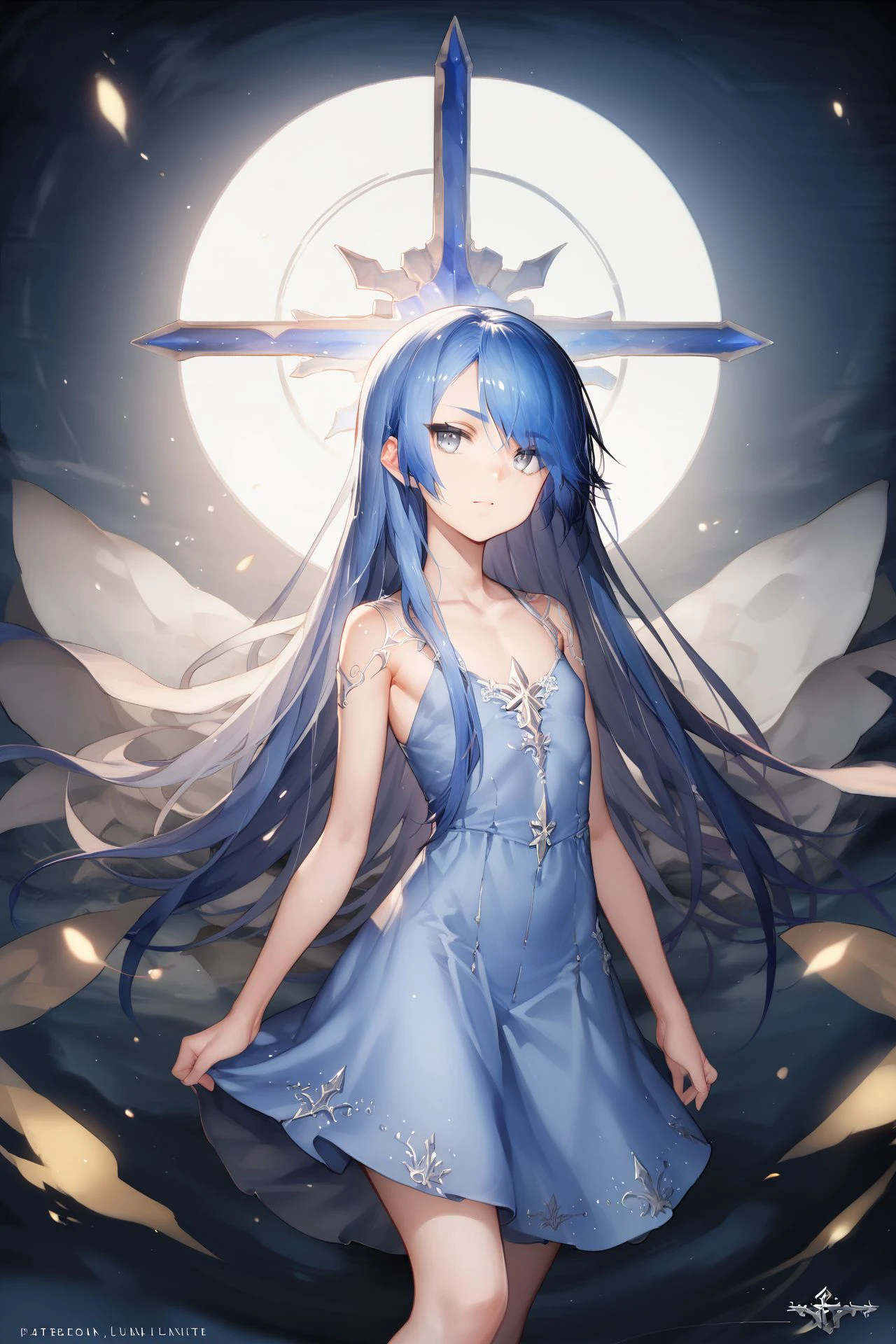 score_9, score_8_up, score_7_up, 1girl, fidgeting, :3, blue hair, single hair intake, silver eyes, flat chest, light blue dress, frontlighting, detailed background, <lora:gujianshaonu_PonyXL_style_v01:1>