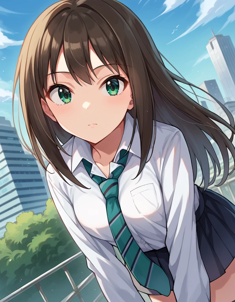 score_9, score_8_up, score_7_up, source_anime,
rinshibuya, <lora:rin-shibuya-ponyxl-lora-nochekaiser:1>,
rin shibuya, black hair, green eyes, long hair,
black skirt, black socks, collared shirt, green necktie, kneehighs, long sleeves, miniskirt, necktie, pleated skirt, school uniform, shirt, skirt, socks, striped, striped necktie, white shirt, wing collar,
outdoors, cityscape, bent over,
looking at viewer, dutch angle, cowboy shot,