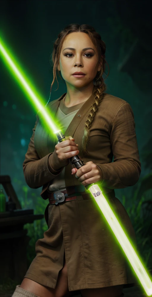 MC, 1girl, solo, portrait, upper body,  single braid, jedi, jedi brown uniform, holding green lightsaber, perfect quality, good quality, masterpiece, HDR, UHD <lora:Mariah Carey:0.7>