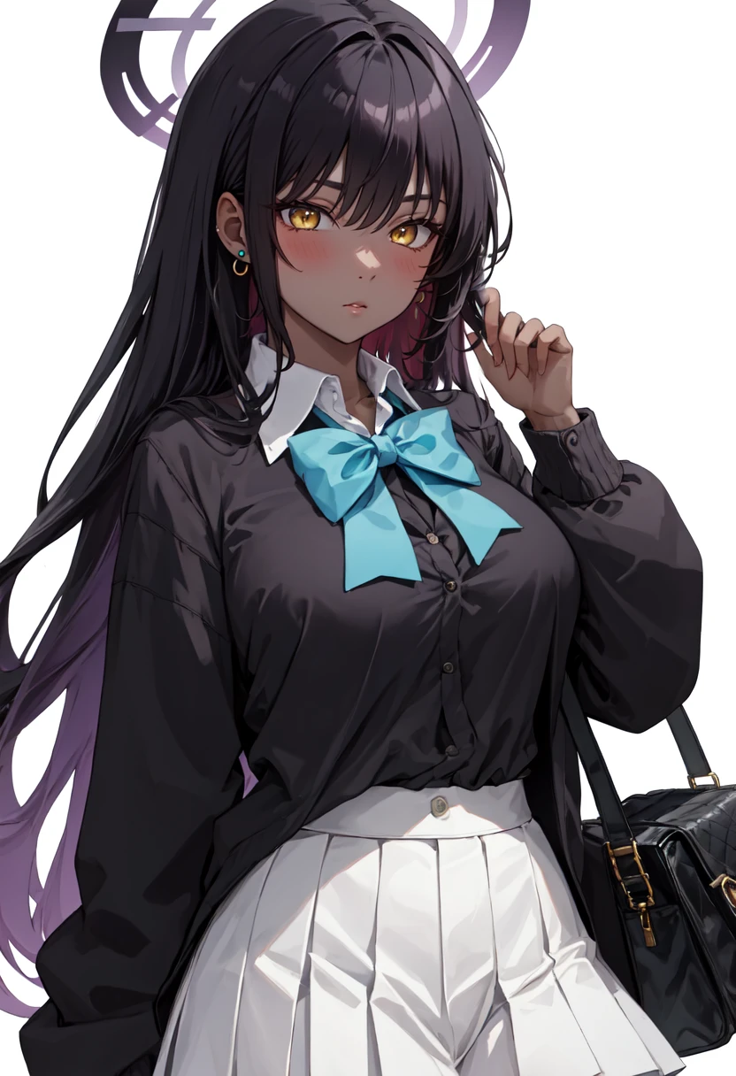 best quality, masterpiece, highres, solo, (karin_bluearchive:1.10), 1girl, school uniform, looking at viewer, white shirt, collared shirt, pleated skirt, blush, simple background, white background, black skirt, multicolored hair, blue bowtie, purple hair, closed mouth, blue cardigan, earrings, bag, long sleeves, ahoge, cleavage, 11 <lora:karin_bluearchive:0.80>