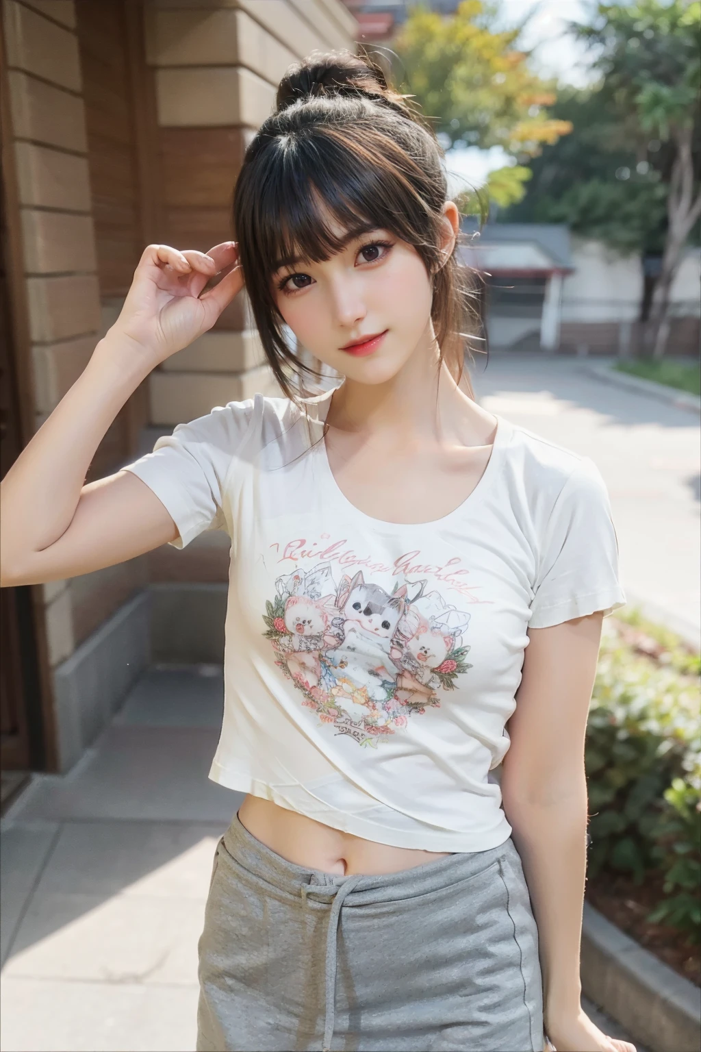 best quality,HDR,UHD,8K,Vivid Colors,solo,front mirror,photo_(medium),cute & girly,(1girl:1.3),standing,outdoors,(looking at viewer:1.4),<lora:1.5_perfect hands:0.8>,<lora:chinese-girl:0.7>,full_body,audience oriented,right to the lens,textless version,<lora:kawai:0.7>,white t-shirt,mini skirt,gray skirt,wrong hip skirt,, best quality, masterpiece, (realistic, photo-realistic:1.37),ultra high res,highres,, illustration. media, delicate,8k wallpaper,soft light,official art,professional lighting, photon mapping, radiosity, physically-based rendering,1girl,