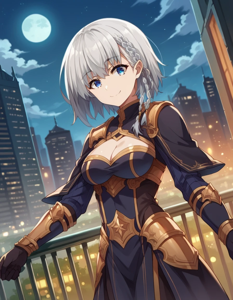 score_9, score_8_up, score_7_up, source_anime,
shadowbeta, <lora:shadow-beta-ponyxl-lora-nochekaiser:1>,
beta, short hair, blue eyes, braid, grey hair, smile,
gloves, cleavage, armor, clothing cutout, cleavage cutout,
outdoors, cityscape, night, moon,
looking at viewer, cowboy shot, dutch angle,