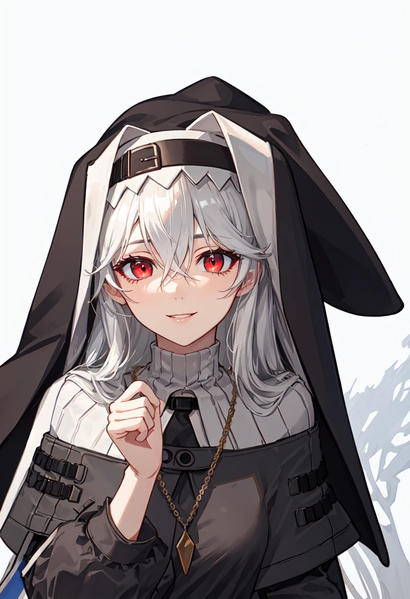 best quality, masterpiece, highres, solo, (specter_arknights:1.10), 1girl, black dress, habit, looking at viewer, nun, upper body, necklace, smile, long sleeves, hand up, simple background, capelet, parted lips, white background, 1 <lora:specter_arknights:0.80>