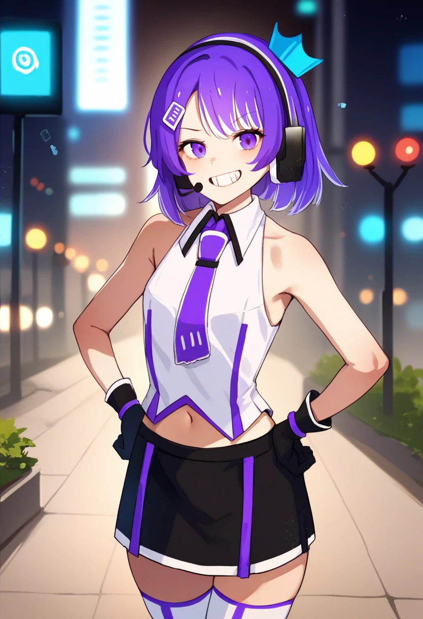 score_9, score_8_up, score_7_up, source_anime, solo, 1girl, twitch-chan, grin, looking at viewer, hands on hips, purple hair, hair ornament, headset, crown, purple eyes, white shirt, sleeveless shirt, purple necktie, black gloves, black skirt, white thighhighs, bare shoulders, midriff, science fiction, outdoors, city lights <lora:gijinkaseries_twitch_ponyXL:1>