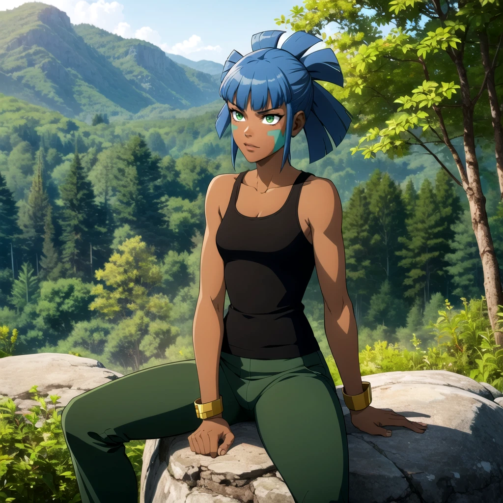 solo,1girl, maya,  blue hair, dark skin, dark-skinned female, lipstick, green eyes, blunt bangs, face paint , arm cuffs, brown tank top, pants, <lora:MAYA_Redakai_Leaf2:0.6>, sitting, sitting on rock, forest, illustration,