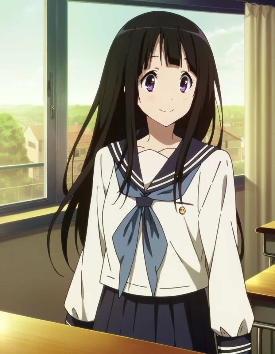 score_9,score_8_up,score_7_up,masterpiece,best quality,absurdres,official art,official style,source_anime,uncensored,game cg,megami magazine,anime screencap,
1girl,solo,
<lora:chitandaeruXL4pony:0.8>,chitandaeru,
long hair, black hair, purple eyes,
serafuku, skirt,long sleeves,
smile,
classroom,
cowboy shot,