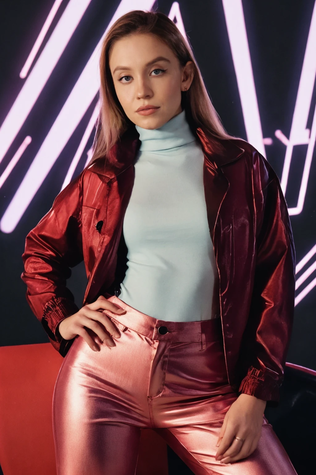 <lora:s1dn3ysw33n3y:0.8> s1dn3ysw33n3y portrait, cyberpunk background, neon lights, night, oversized jacket, edgerunners, 2077, turtleneck, red pants, medium close-up