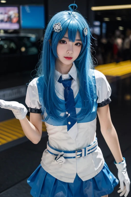 ltra-detailed,highly detailed,best quality,masterpiece,illustration,realistic,photorealistic,
22niang, bilibili suit, 1girl, cosplay, solo,
aqua hair, long hair, hair ornament, ahoge, hair ribbon,
collared shirt, puffy short sleeves, necktie, belt, pleated skirt, gloves,
looking at viewer, standing,
<lora:bilibili22niang_v1_07:0.8>