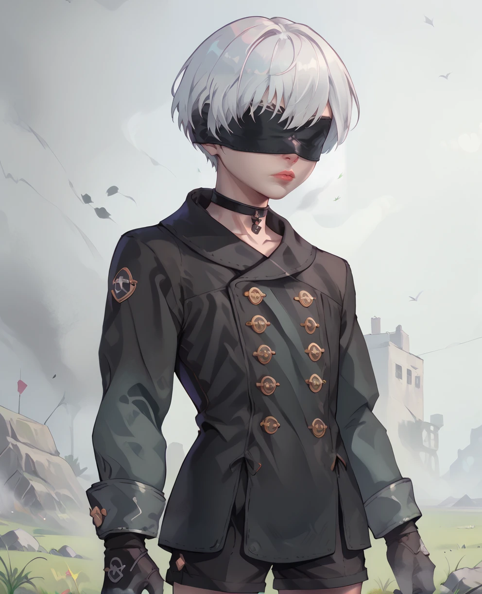 score_9,score_8_up,score_7_up,
yorhaxl,white hair,black blindfold,short hair,black choker,lips,
standing,upper body,serious,black gloves,black shorts,
long sleeves,black jacket,buttons,   
deserted school yard,fog,grass,
<lora:Yorha9s:0.8>,