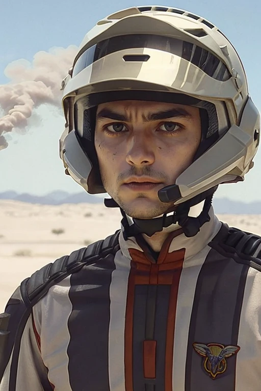1man,(buzz cut,brown eyes,lips:1.1),Open-face helmet,looking at viewer,guts uniform,<lora:GUTS_uniform:0.8>,photography,best quality,masterpiece,depth of field,outdoors,desert,On the battlefield filled with gunpowder and smoke,