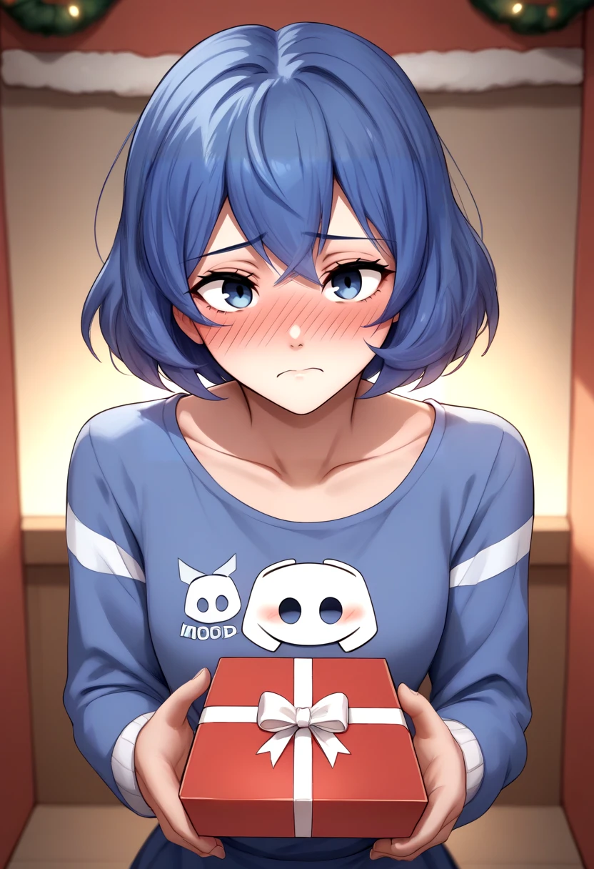 score_9, score_8_up, score_7_up, source_anime, 1girl, dcchan, <lora:DCchanXLPD:1>, short hair, blue hair, blush, full-face blush, gift box,