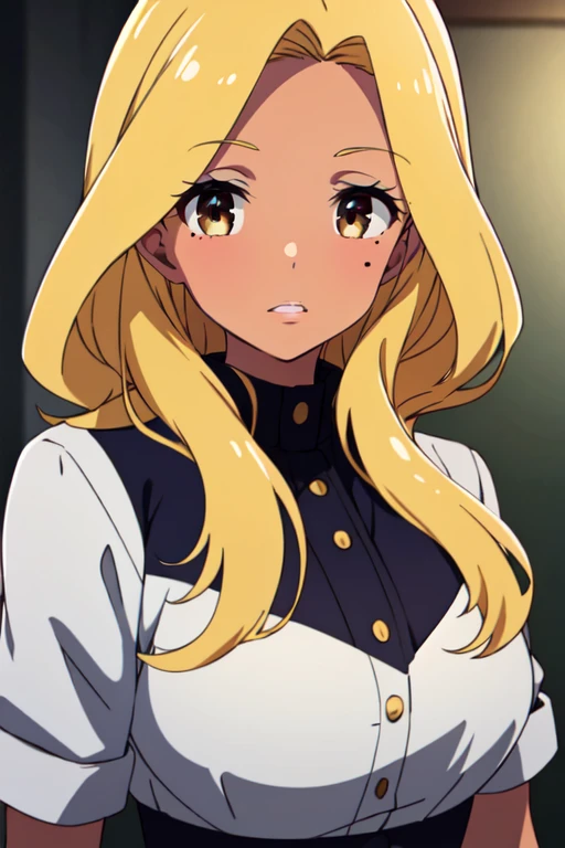 masterpiece, high quality, absurdres, best quality, 4k, <lora:ShiiponR4:0.7>, ShiiponR4, 1girl, blonde hair, brown eyes, long hair, mole under eye, dark skin, upper body,