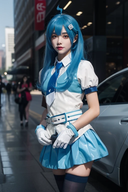 ltra-detailed,highly detailed,best quality,masterpiece,illustration,realistic,photorealistic,
22niang, bilibili suit, 1girl, cosplay, solo,
aqua hair, long hair, hair ornament, ahoge, hair ribbon,
collared shirt, puffy short sleeves, necktie, belt, pleated skirt, gloves,
looking at viewer, standing,
<lora:bilibili22niang_v1_07:0.7>