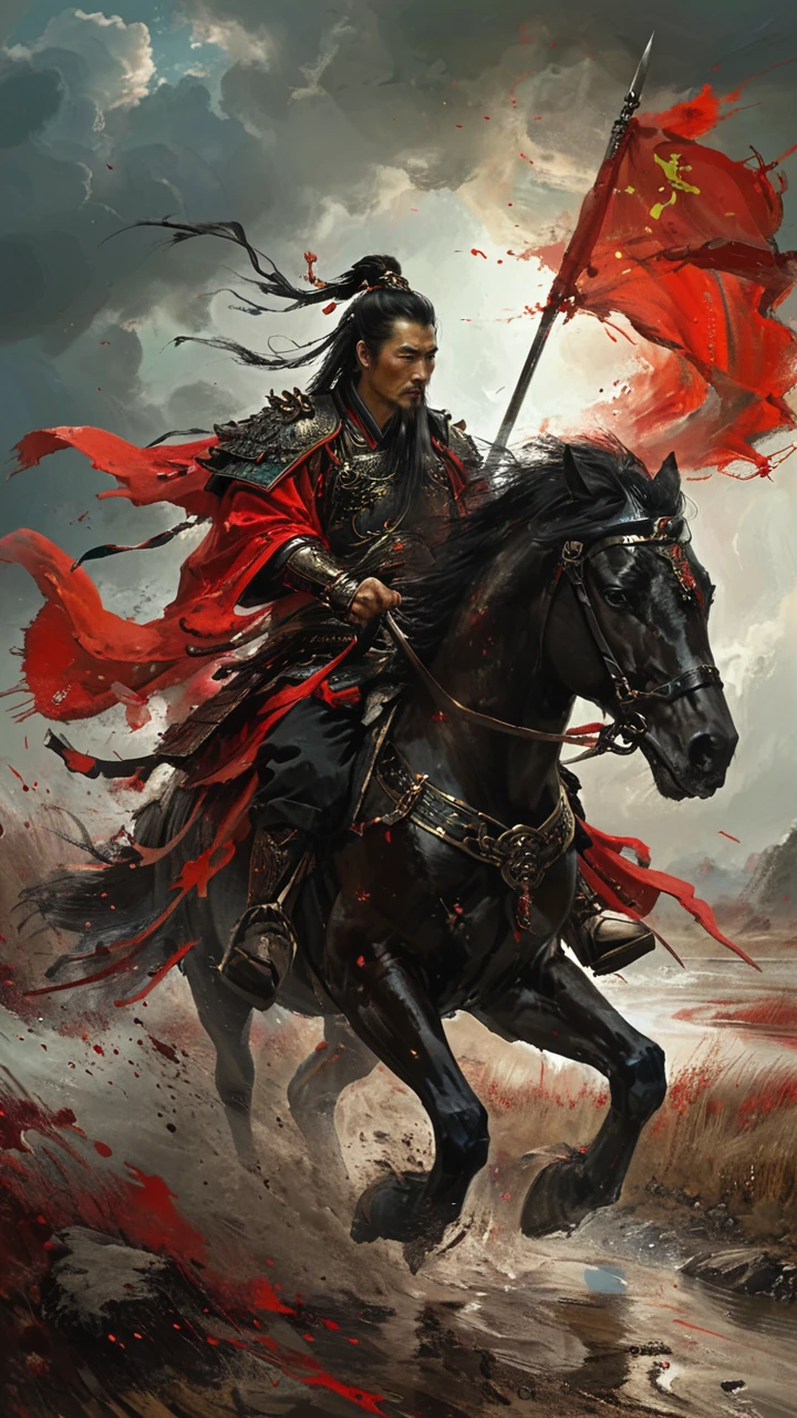 AiARTiST,Ancient Chinese general,Charge on horse ,blood sky,blood river<lora:20240322-1711051399194-0006:0.6>