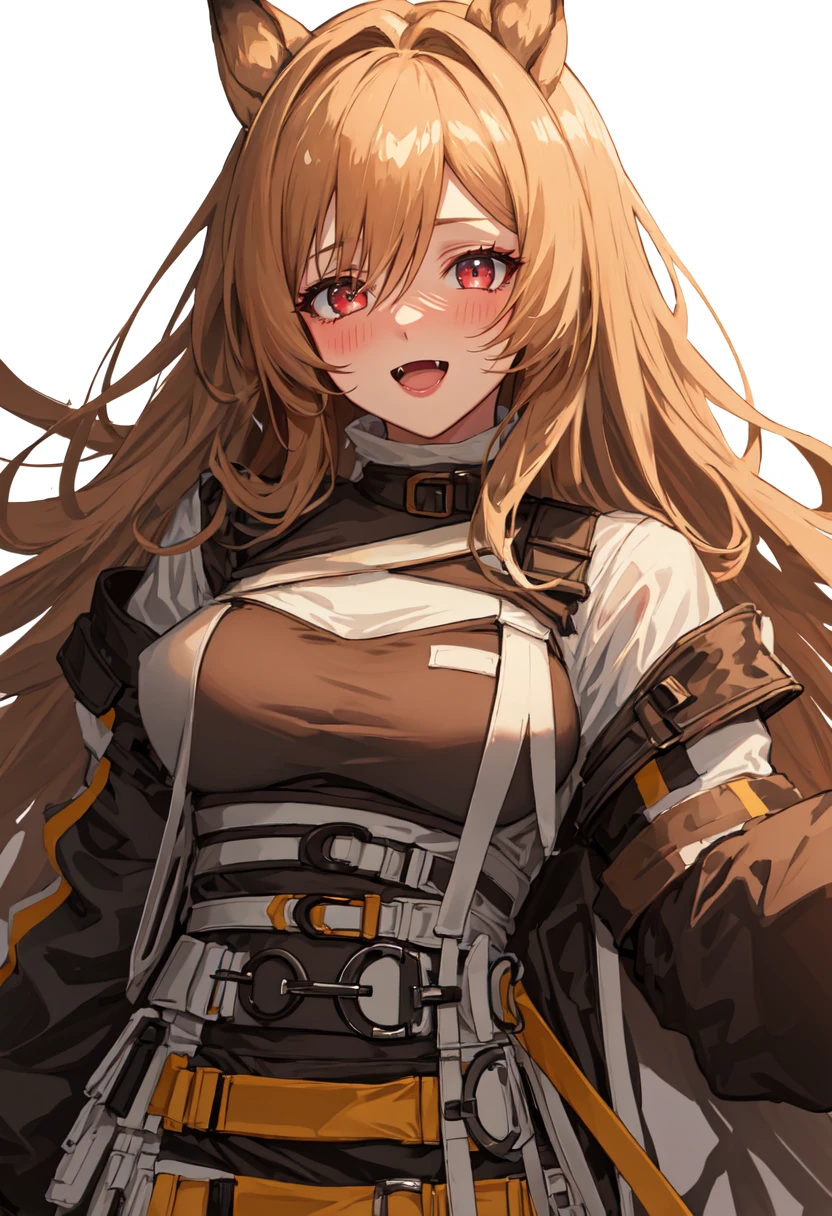 best quality, masterpiece, highres, solo, (ceobe_arknights:1.10), 1girl, :d, jacket, open mouth, upper body, blush, looking at viewer, simple background, skin fang, white background, long sleeves, medium breasts, 1 <lora:ceobe_arknights:0.80>