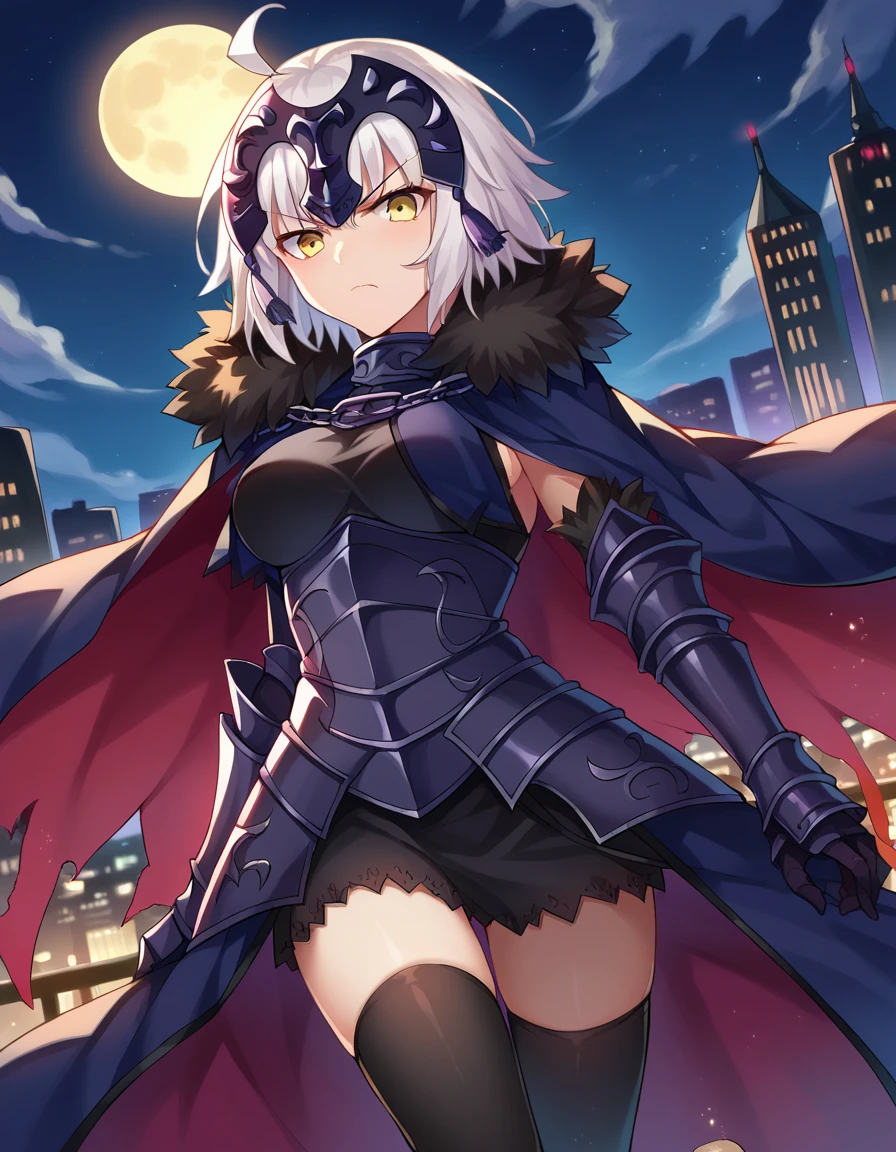 score_9, score_8_up, score_7_up, source_anime,
jalter, <lora:jeanne-darc-alter-ponyxl-lora-nochekaiser:1>,
jalter, white hair, yellow eyes, ahoge,
short hair, headpiece, armor, armored dress, black thighhighs, cape, dress, fur trim, fur-trimmed cape, scowl, sheath, short dress, thighhighs, torn clothes,
outdoors, cityscape, night, moon,
looking at viewer, dutch angle, cowboy shot,