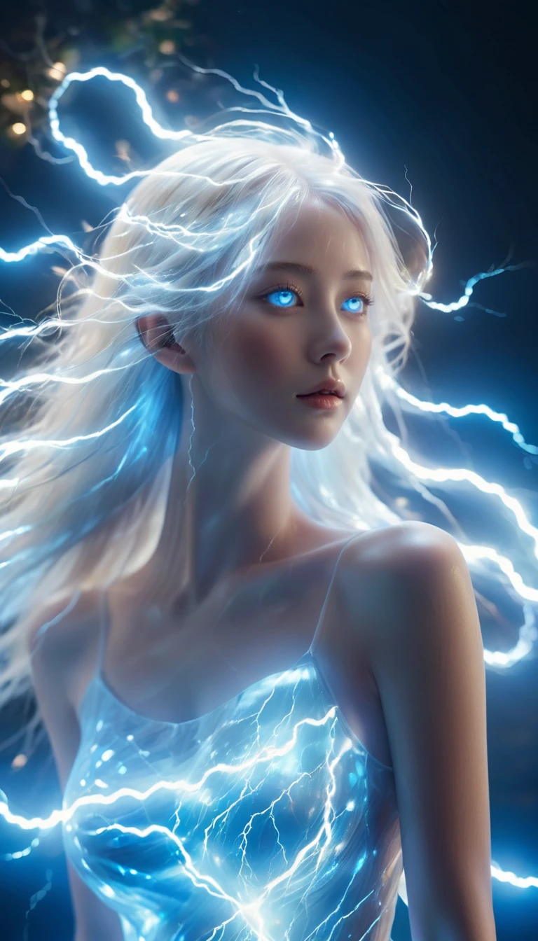 <lora:loraxl_shanbailing_0927lightning-000010:0.7>,composed of elements of thunder,thunder,electricity,Create a spectral woman with a (translucent appearance:1.3),Her form is barely tangible,with a soft glow emanating from her gentle contours,The surroundings subtly distort through her ethereal presence,casting a dreamlike ambiance,(white hair:0.1),((BLUE eyes)),((glowing)),