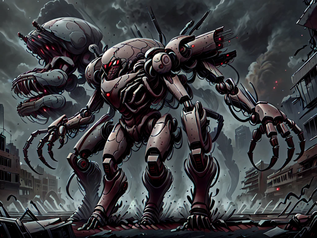 A giant non-humanoid spider mech walking through a damaged city, EMH