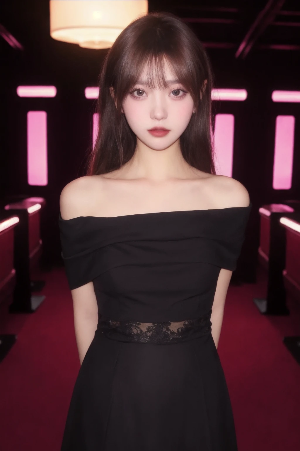 1girl, high quality,  looking at viewer,black  dress, off shoulder,  skin tight,  thin, blush, upper body, see-through, arms behind back, lace trim, nightclub,
<lora:jds_v1-000006:0.67>