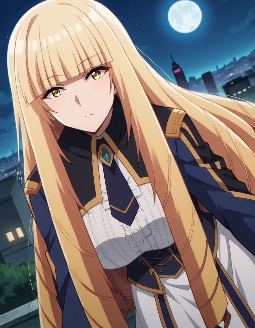score_9, score_8_up, score_7_up, source_anime,
orianarose, <lora:oriana-rose-ponyxl-lora-nochekaiser:1>,
oriana rose, long hair, blonde hair, yellow eyes, drill hair, bangs, blunt bangs, mature female,
skirt, jacket, necktie, white skirt, corset,
outdoors, cityscape, night, moon, bent over,
looking at viewer, dutch angle,