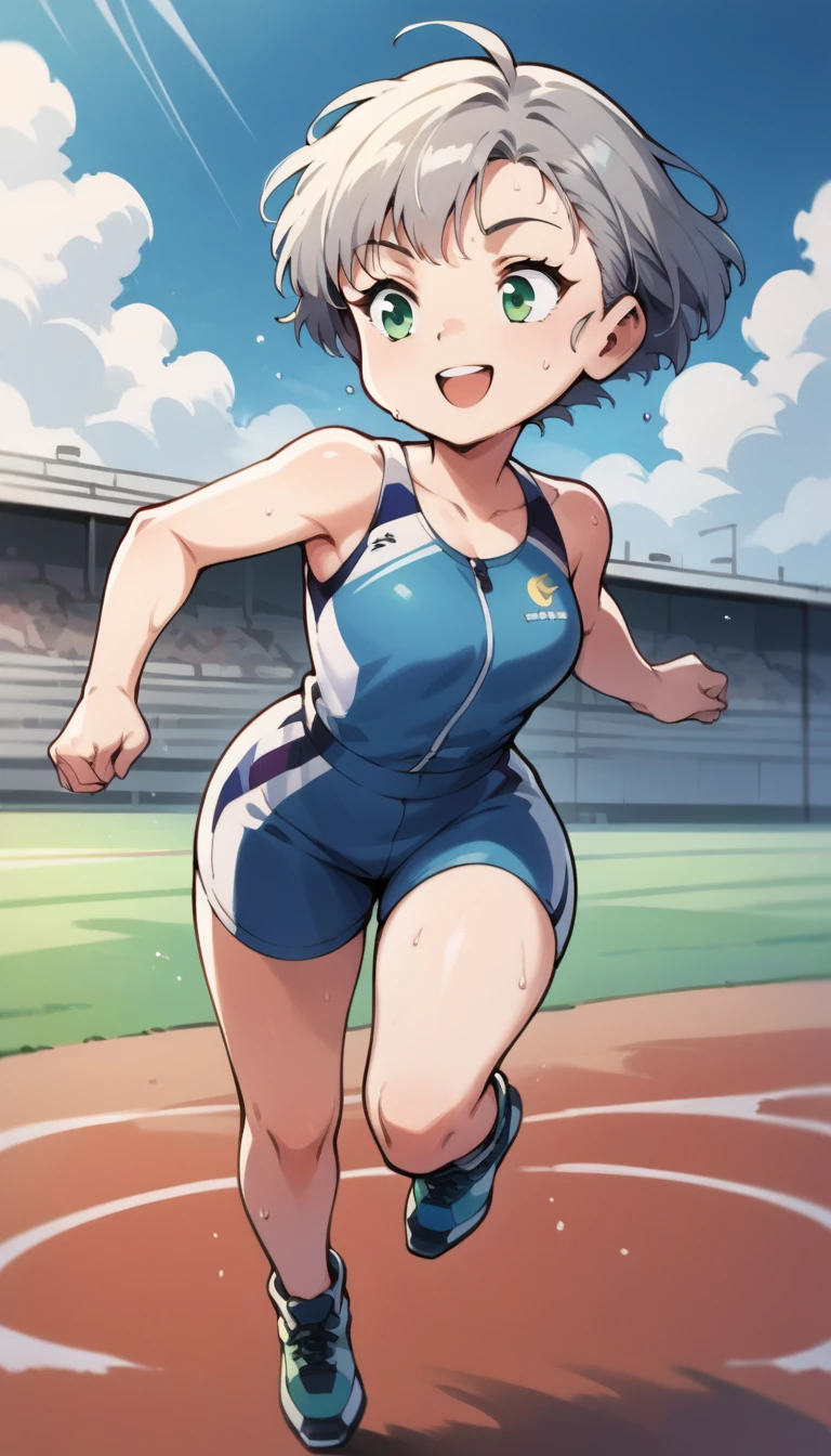 score_9, score_8_up, score_7_up, score_6_up, score_5_up, source_anime, 1girl, solo, grey hair, short hair, green eyes, running, smile, sweating, adult, race track, motion lines, sounds, <lora:HarvestStyleV1_PonyXL:0.9>