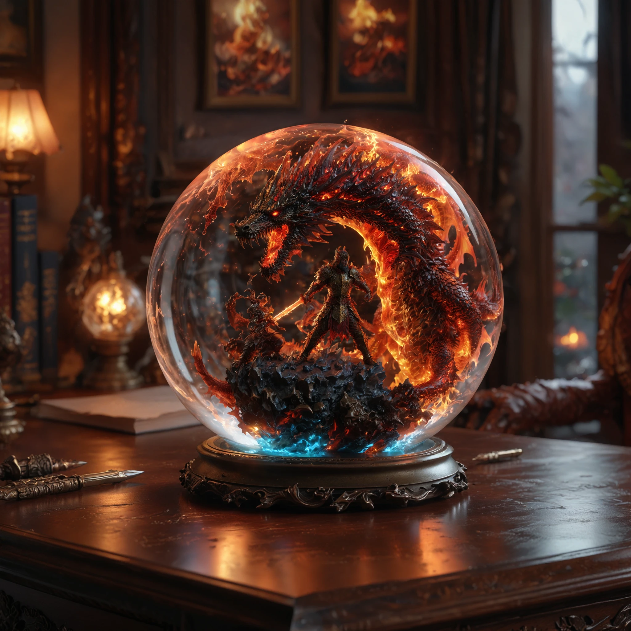 a glass orb with beautiful glass miniatures("a warrior fights against a giant dragon") inside, on a desk,
photograph, photorealistic, ultra-realistic, <lora:glowneon_xl_v1:0.5> glowneon, glowing