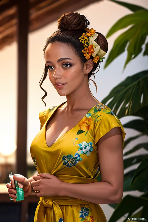 ((detailed)), ((masterpiece)),  8k resolution,
1girl, NathalieEmmanuel, lips, brown eyes, mole, dark-skinned female, dark skin, mole under mouth, very dark skin, black eyes, 
a woman, tiki bar ensemble, tropical print dress, flower lei, (light brown hair, princess bun hairstyle:1.3), upper body,   <lora:celebrityown_NathalieEmmanuel:0.6>