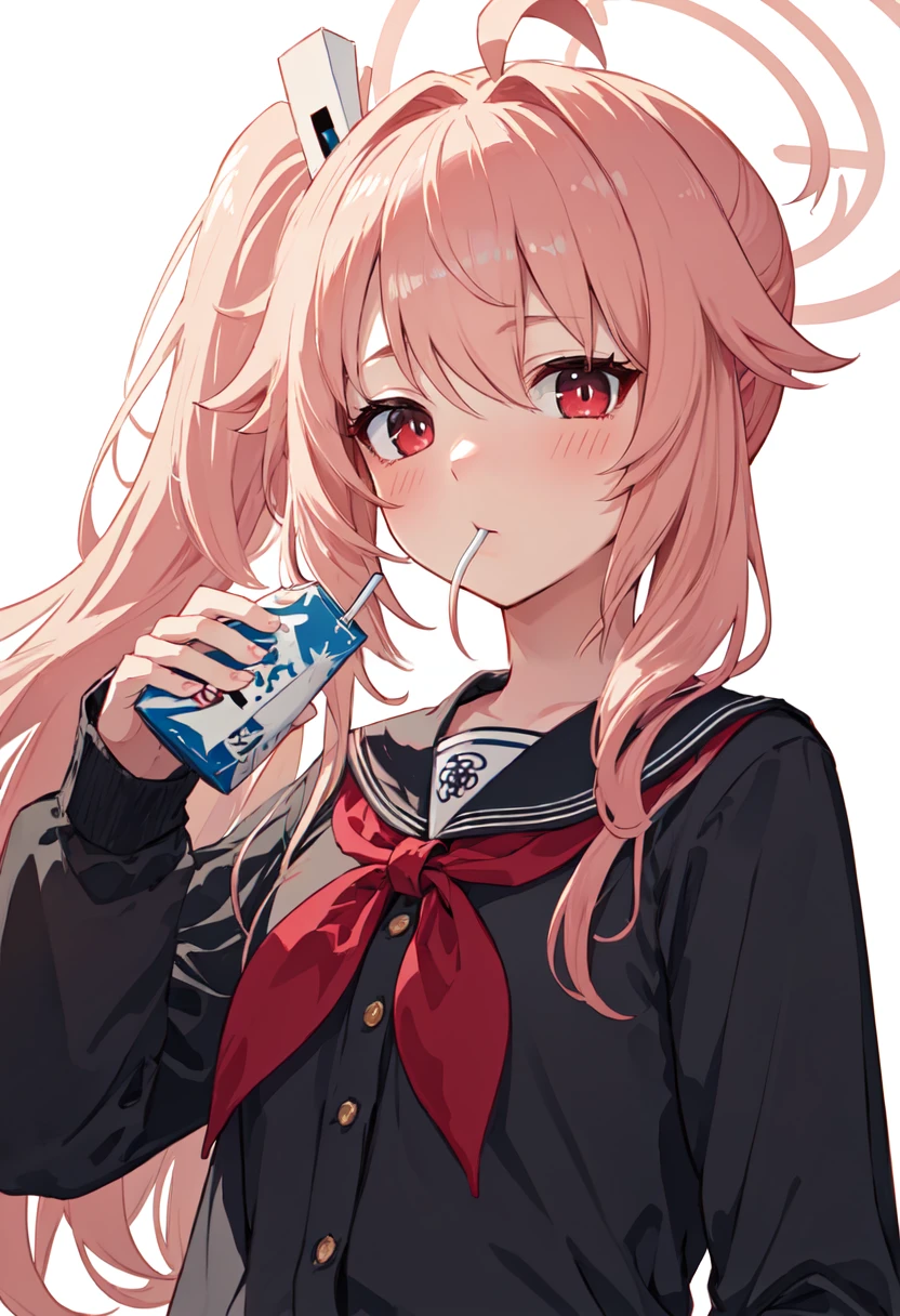 best quality, masterpiece, highres, solo, (natsu_bluearchive:1.10), 1girl, long sleeves, looking at viewer, milk carton, upper body, holding drink, red neckerchief, simple background, serafuku, white background, black sailor collar, blush, drinking straw in mouth, 5 <lora:natsu_bluearchive:0.80>