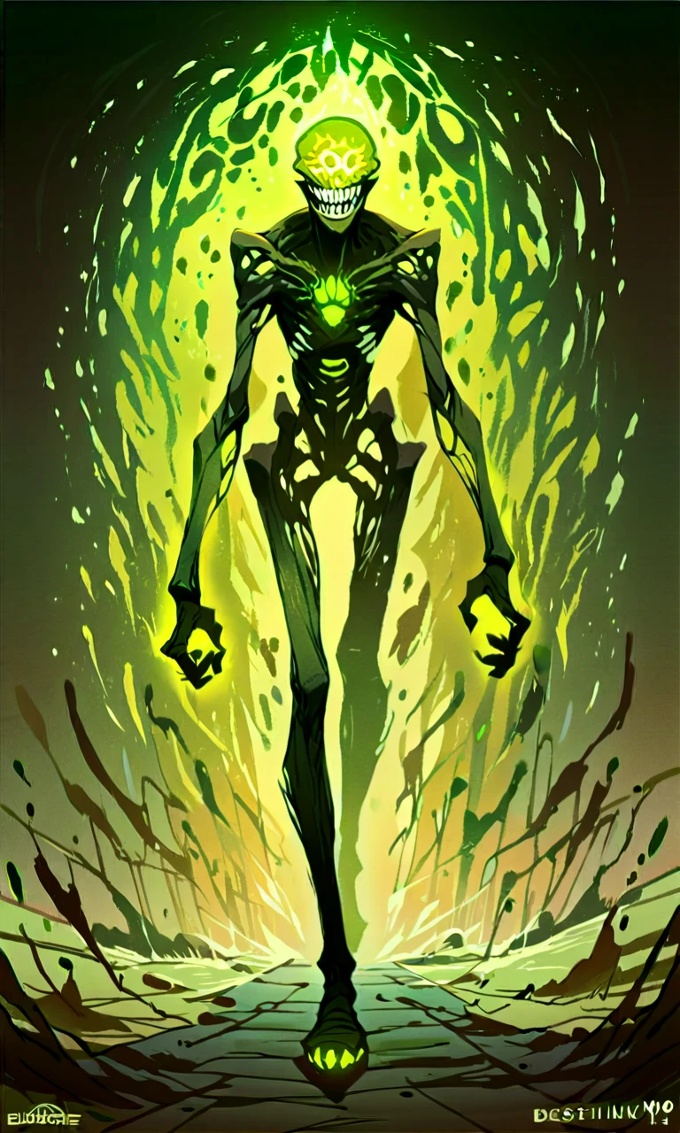 score_9, score_8_up, score_7_up, score_6_up, score_5_up, score_4_up, rating_safe, (source_anime), dhive, A skinny and tall monster walking towards the viewer, with chitinous skin, sharp teeth, and legs, glowing sickly green, magic, walking 