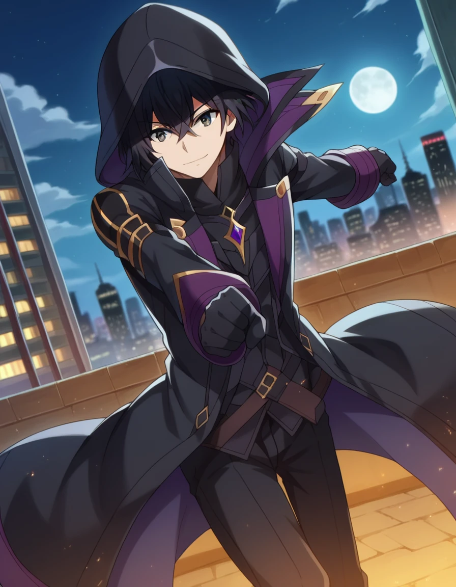 score_9, score_8_up, score_7_up, source_anime,
cidkagenou, <lora:cid-kagenou-ponyxl-lora-nochekaiser:1>,
cid kagenou, black hair, 1boy, hair between eyes, male focus, black eyes, smile,
gloves, long sleeves, black gloves, pants, hood, coat, black pants, hood up, black coat,
outdoors, cityscape, night, moon,
looking at viewer, dutch angle, dynamic pose, fighting stance,