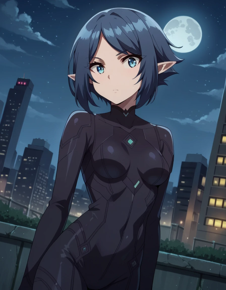 score_9, score_8_up, score_7_up, source_anime,
no664, <lora:no-664-ponyxl-lora-nochekaiser:1>,
no 664, short hair, blue eyes, blue hair, pointy ears, elf,
bodysuit, black bodysuit,
outdoors, cityscape, night, moon,
looking at viewer, dutch angle, cowboy shot,