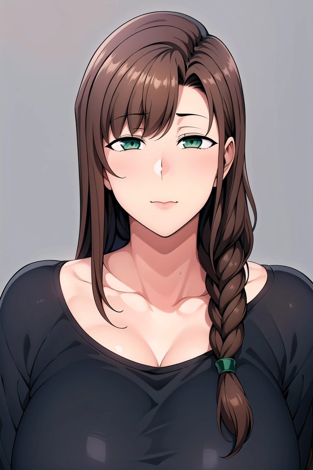 Simple White Background,
dynamic pose,standing at attention,
Black Shirt,
<lora:Oikawa_Amane_FamilyControl-KK77-4:0.7>,
green_eyes,brown_hair,bangs,hair ornament,single_braid,long hair,
<lora:Oda_Non_Style-KK77-V2:0.3>,<lora:more_details:0.1>,<lora:SaiminSeishidou_Lesson_Style-KK77-V1:0.3>,
1 girl, 20yo,Young female,Beautiful long legs,Beautiful body,
Beautiful Nose,Beautiful character design, perfect eyes, perfect face,expressive eyes,perfect balance,
looking at viewer,(Focus on her face),closed mouth, (innocent_big_eyes:1.0),(Light_Smile:0.5),
official art,extremely detailed CG unity 8k wallpaper, perfect lighting,Colorful, Bright_Front_face_Lighting,White skin,
(masterpiece:1.0),(best_quality:1.0), ultra high res,4K,ultra-detailed,
photography, 8K, HDR, highres, absurdres:1.2, Kodak portra 400, film grain, blurry background, bokeh:1.2, lens flare, (vibrant_color:1.2),professional photograph,
(Beautiful,large_Breasts:1.4), (beautiful_face:1.5),(narrow_waist),