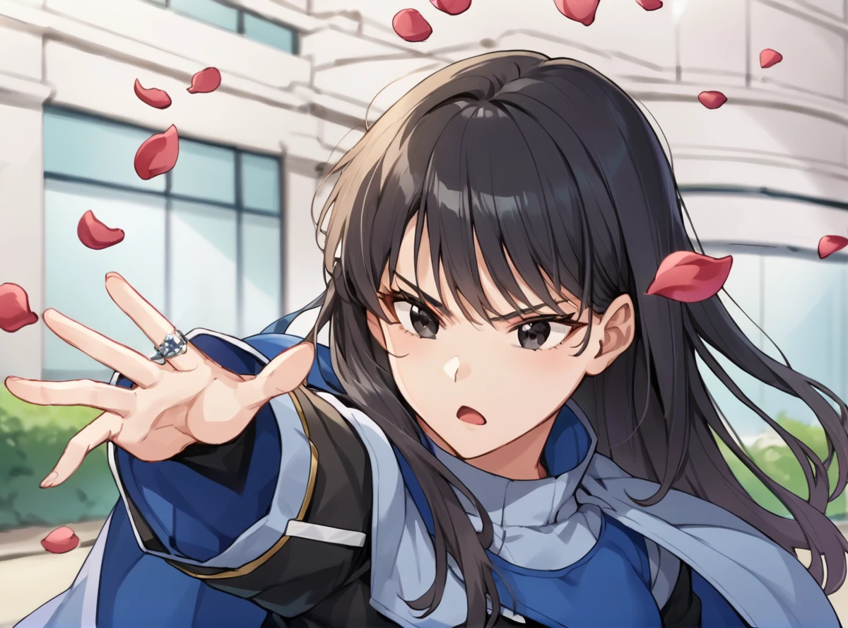 score_9, score_8_up, score_7_up, score_6_up, score_5_up, score_4_up, BREAK source_anime, masterpiece ,anime screencap,<lora:KudoRinnie-07:0.8>, kudorinnie, long hair, bangs, black hair, long sleeves, jewelry, ring, black eyes,cape,palms, extended_Arms,standing,open mouth, serious, outdoors, rose petals,