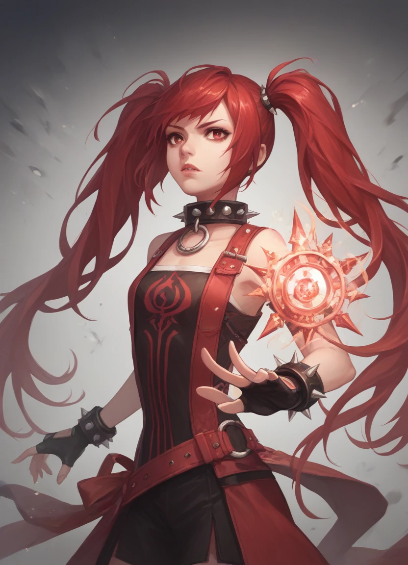 source_anime, score_9, score_8_up, score_7_up, score_6_up, score_5_up, score_4_up, 
1girl, solo, long hair, red eyes, gloves, twintails, jewelry, weapon, red hair, black gloves, fingerless gloves, collar, lips, spikes, magic, spiked bracelet, spiked collar,
<lora:bugbugXL:1>