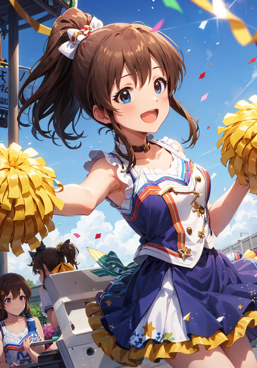 1girl, minako satake (million live), brown hair, ponytail, (best quality, 8K, masterpiece, ultra detailed:1.2), (lens flare, light particles, sparkle), depth of field, day, dappled sunlight, 1girl, solo, cheerleader, pom pom \(cheerleading\), seductive smile, cinematic angle, head tilt, cowboy shot, (outdoors, street), carousel, wind, backlighting, shadow, confetti, :d,