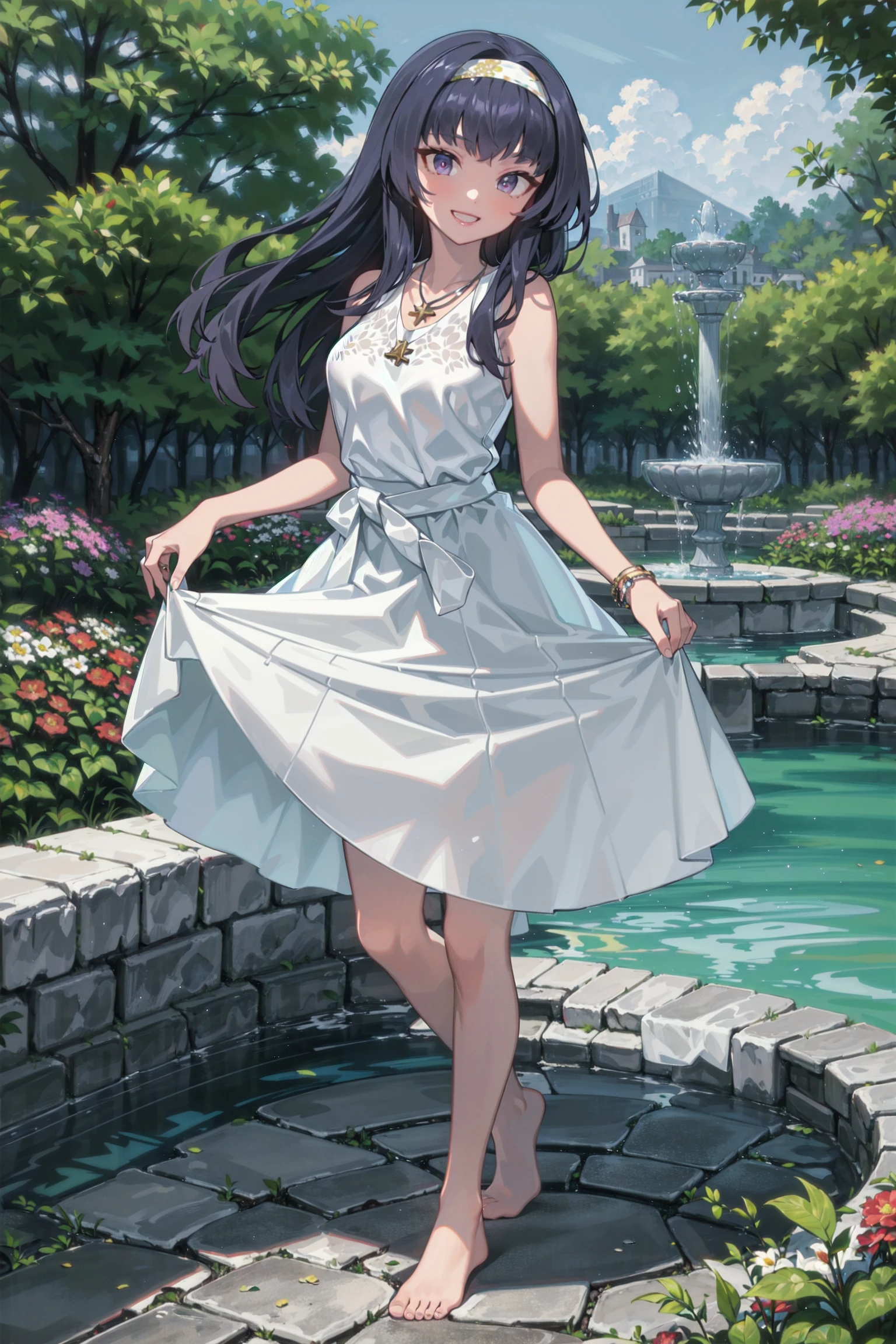 absurdres, high detail, uhd, outdoors, fountain, pond, water,
on the water, smile, laughing, skirt hold,
curren, long hair,white hairband, white shirt, sleeveless, floral print, collarbone, necklace, jewelry, bracelet, waist bow, white skirt, long skirt, barefoot
<lora:gomaotsu-curren-t2-000080:0.7>
