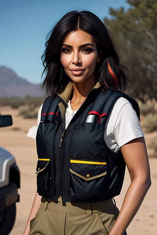 ((detailed)), ((masterpiece)), realistic, photorealistic, 8k resolution,
1girl, KimKardashian, lips, brown eyes, dark skin, dark-skinned female, eyelashes, 
 <lora:celebrityown_KimKardashian:0.65>, 
 a woman, Fieldwork Gear, khaki cargo pants, utility vest , crew cut, multicolored hair, two-tone hair, black hair, grey hair, 
cowboy shot,