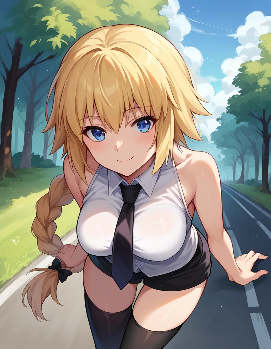 score_9, score_8_up, score_7_up, source_anime,
jeannedarc, <lora:jeanne-darc-ponyxl-lora-nochekaiser:1>,
jeanne darc, blonde hair, blue eyes, long hair, smile,
bare shoulders, black necktie, black thighhighs, braid, long braid, miniskirt, navel, necktie, shirt, single braid, sleeveless, sleeveless shirt, thighhighs, white shirt,
outdoors, dessert, road, bent over,
looking at viewer, dutch angle, cowboy shot,