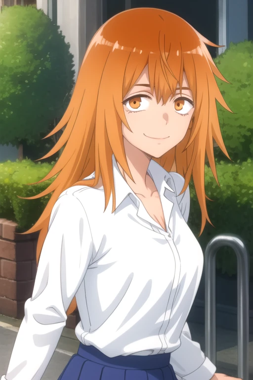 ((masterpiece)),(best quality),official art,extremely detailed CG,unity 8k wallpaper,ultra detailed,beautiful detailed eyes,extremely detailed face,outdoors,1girl,solo,upper body,(portrait:1.5),looking at viewer,facing viewer,smile,messy long hair,orange hair,sidelocks,hair_between_eyes,orange eyes,bags_under_eyes,sanpaku,collarbone,collared shirt,white shirt,long sleeves,medium breasts,blue skirt,miniskirt,blue skirt,pleated skirt,black socks,loafers,<lora:Maki Gamou(dtwm,mn)>,