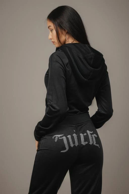 woman in black hoodie, track pants, from behind, logo on ass
<lora:juicy_couture-SD15:1>