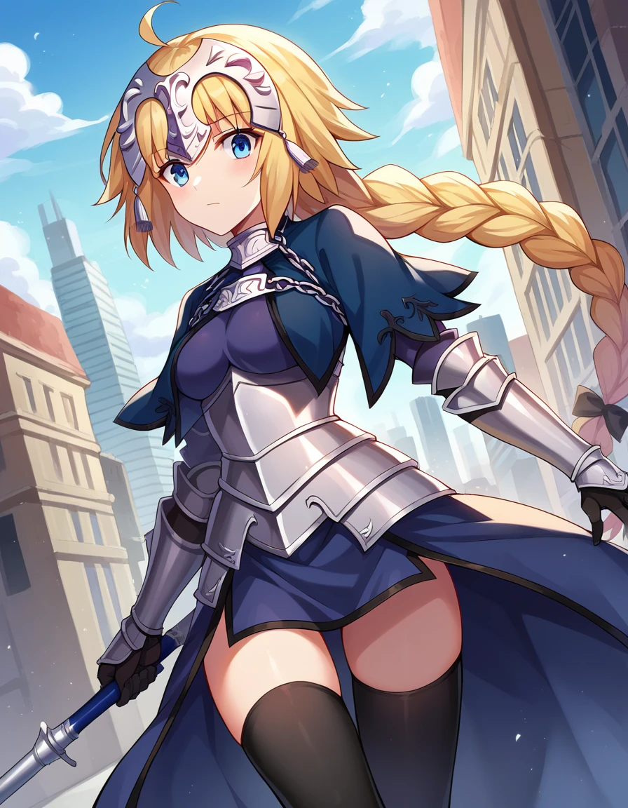 score_9, score_8_up, score_7_up, source_anime,
jeannedarc, <lora:jeanne-darc-ponyxl-lora-nochekaiser:1>,
jeanne darc, blonde hair, blue eyes, long hair,
armor, armored boots, armored dress, black gloves, black thighhighs, braid, dress, gauntlets, gloves, headpiece, blue dress, single braid, thighhighs,
outdoors, cityscape,
looking at viewer, dutch angle, cowboy shot,