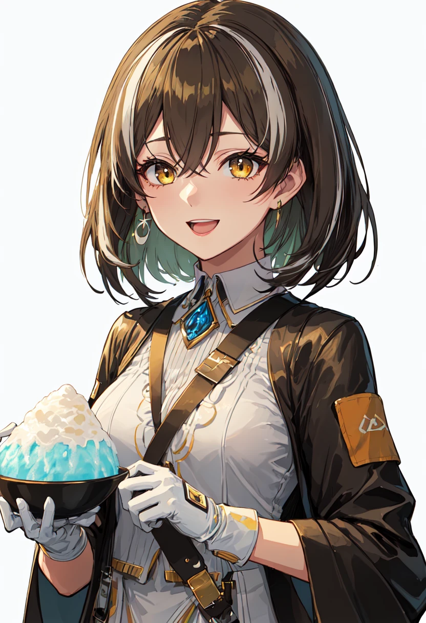 best quality, masterpiece, highres, solo, (magallan_arknights:1.10), 1girl, long sleeves, looking at viewer, nejiri hachimaki, official alternate costume, smile, white gloves, white shirt, holding bowl, simple background, upper body, jacket, jewelry, white background, shaved ice, single glove, open mouth, 9 <lora:magallan_arknights:0.80>
