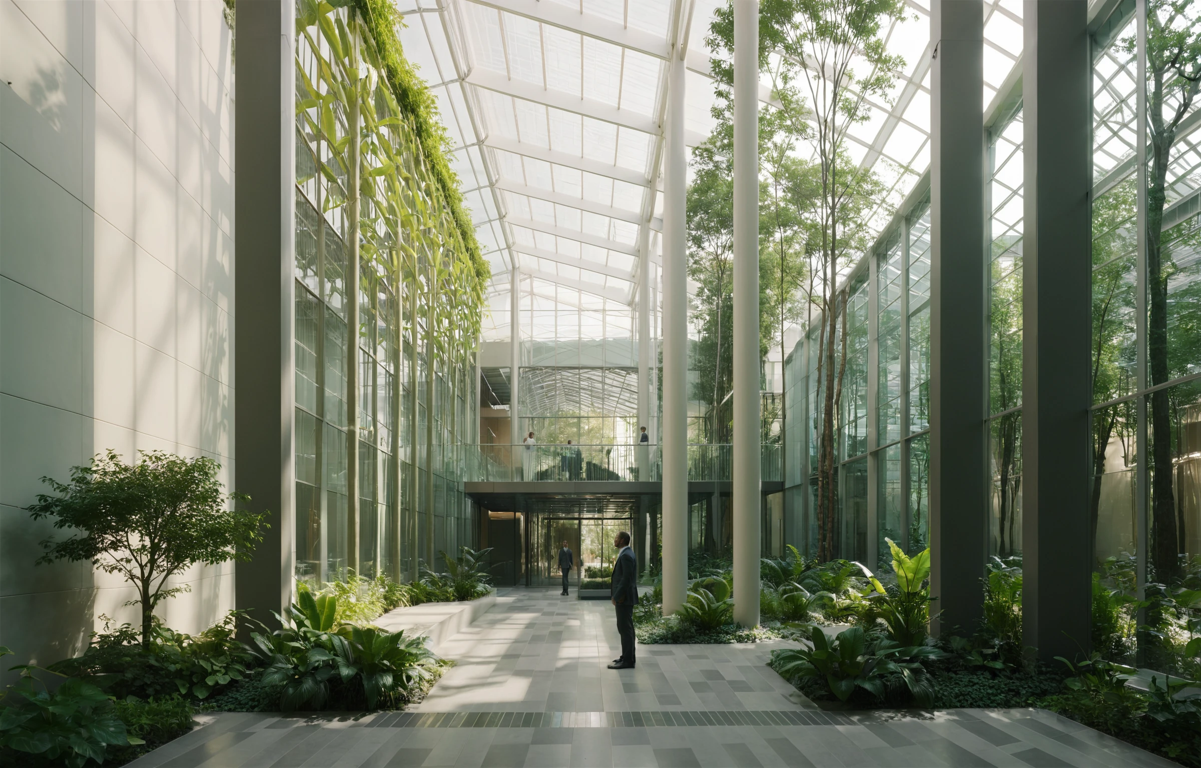 <lora:JZCGXL052-000009:0.8>,Anamorphic shots of a man standing in a huge,back to the camera,Rich ecological landscapes, botanical gardens,trees,plants( forest-like:1.2) eco-office atrium, pastel colors, cinematic contour lighting, low-contrast Prolog, award-winning composition, chromatic aberration, cinematic photo,professional, 4k, highly detailed ï¼masterpiece,  best quality