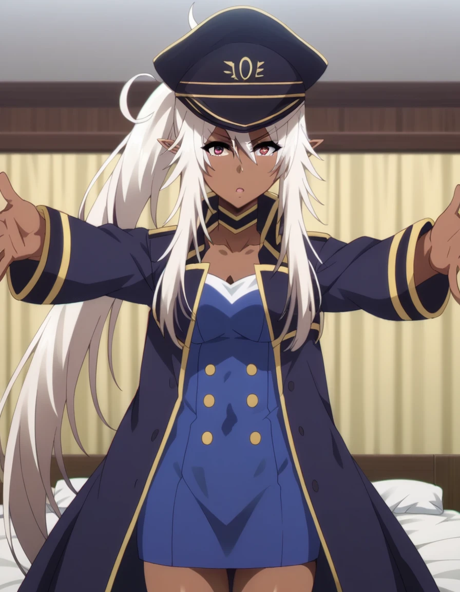 score_9, score_8_up, score_7_up, source_anime,
shadowlambda, <lora:shadow-lambda-ponyxl-lora-nochekaiser:1>,
lambda, long hair, white hair, pointy ears, dark skin, dark-skinned female, sidelocks, ponytail, red eyes,
hat, uniform, coat, sleeves past wrists, military, military uniform, peaked cap,
indoors, bed, bed room, on back, arm support, arms up, incoming hug, pov, reaching, reaching towards viewer,
looking at viewer, cowboy shot, dutch angle,