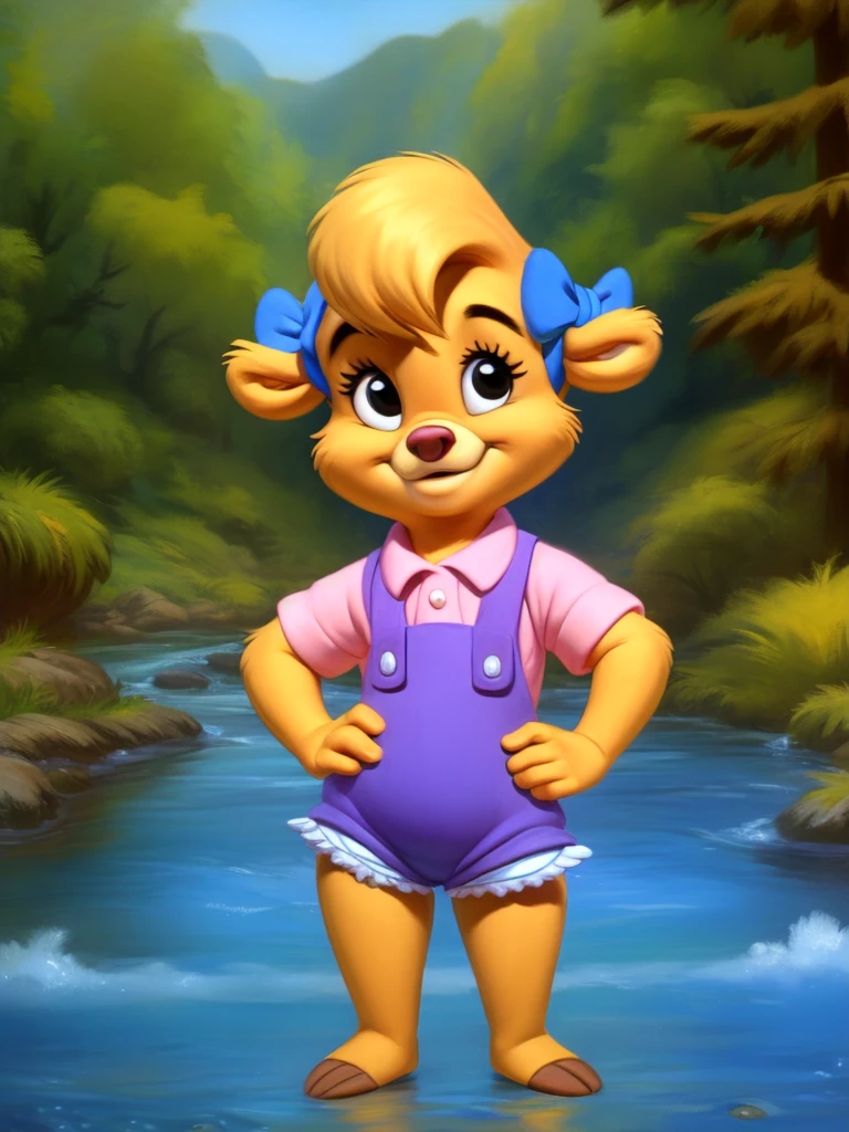  <lora:MollyCunninghambearYIf:1> MollyCunninghambearYIf, yellow wool, blue ribbons,   
white panties, shirt, shorts, solo,  black eyes, Hands on hips, smile, looking at viewer, chibi
uploaded on e621, textured fur, furry,  [Glade, forest meadows, river, sky, trees, grass, ]    
by Andrey Yefimovich Martynov, by Malerouille, by John Singer Sargent      