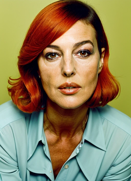 portrait of ((sks woman)) , by William Eggleston, , supermodel <lora:locon_monicabellucci_v1_from_v1_64_32:1>, portrait of ((sks woman)) by Flora Borsi, style by Flora Borsi, bold, bright colours, orange Mohawk haircut, ((Flora Borsi))