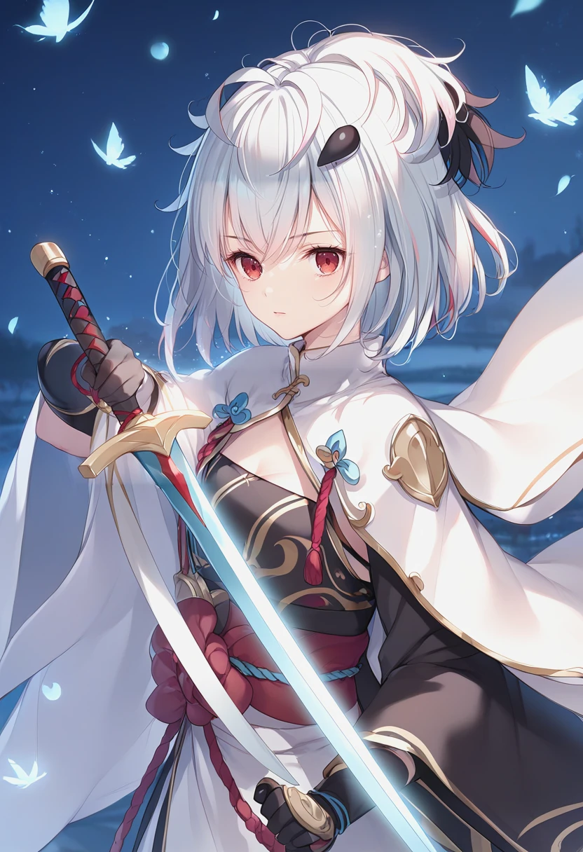 score_9, score_8_up, score_7_up, source_anime,<lora:ageha_pony_v1-000030:0.8>, (STAGEHA:1.2), red eyes, hair ornament, 1girl, blue light particles, upper body, night, holding a sword, holding a weapon,
