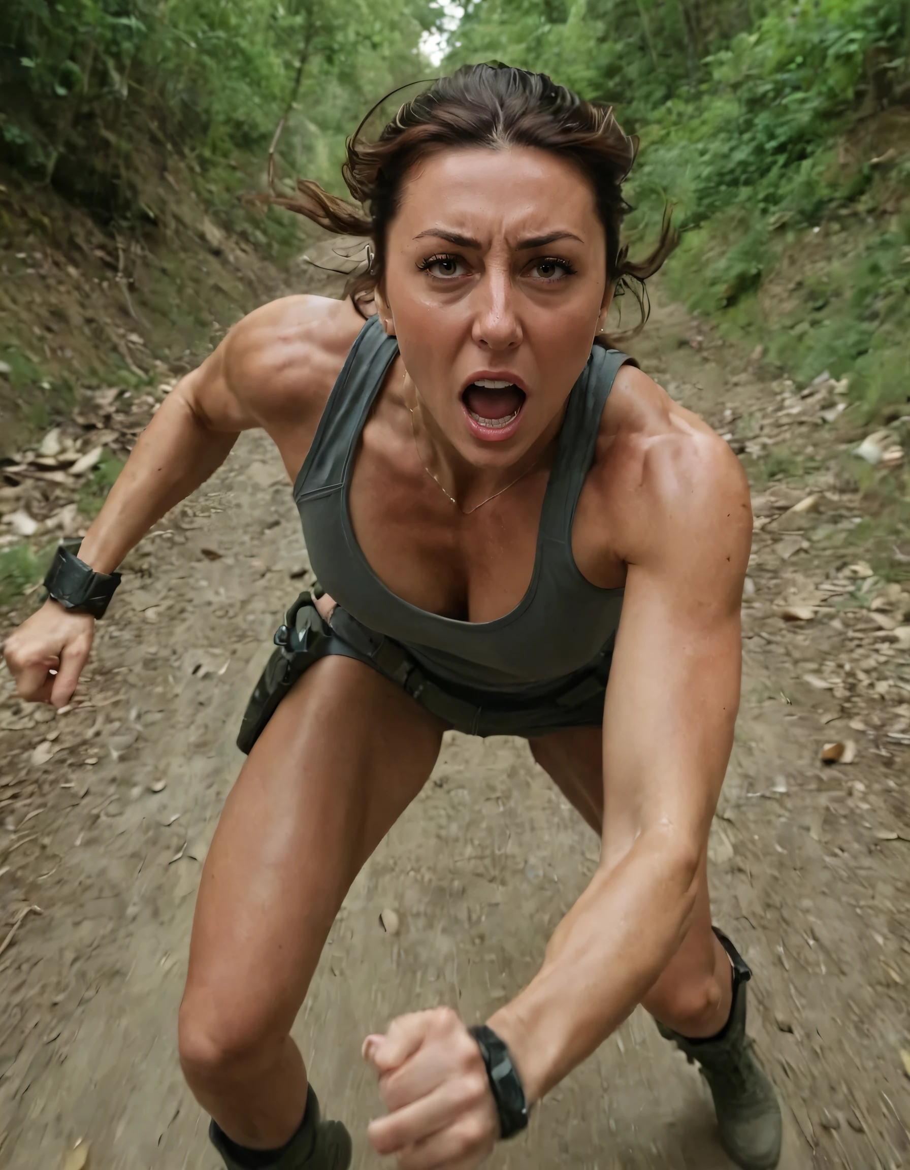 In this thrilling scene, Sara Carrolli, a fearless woman, confidently faces the camera in an unforgettable action shot, demonstrating her unyielding bravery and determination as she fearlessly tackles life's challenges. <lora:rsrkjr18e0bf6ae36mb9:1>