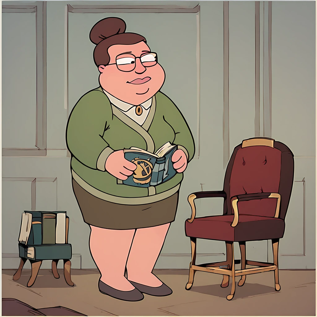 score_9, score_8_up, score_7_up, ellehitler, brown hair, hair bun, glasses, fat woman, standing in an arm chair, reading a book, full body,
<lora:ElleHitlerPonyXL_v2:1>